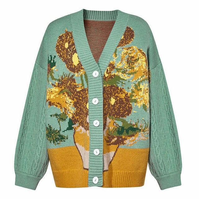 Van Gogh Sunflowers Knit Cardigan - Trendy Y2K Style for Modern Fashion Enthusiasts