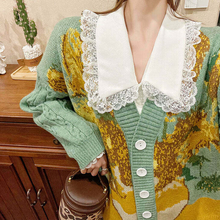 Van Gogh Sunflowers Knit Cardigan - Trendy Y2K Style for Modern Fashion Enthusiasts