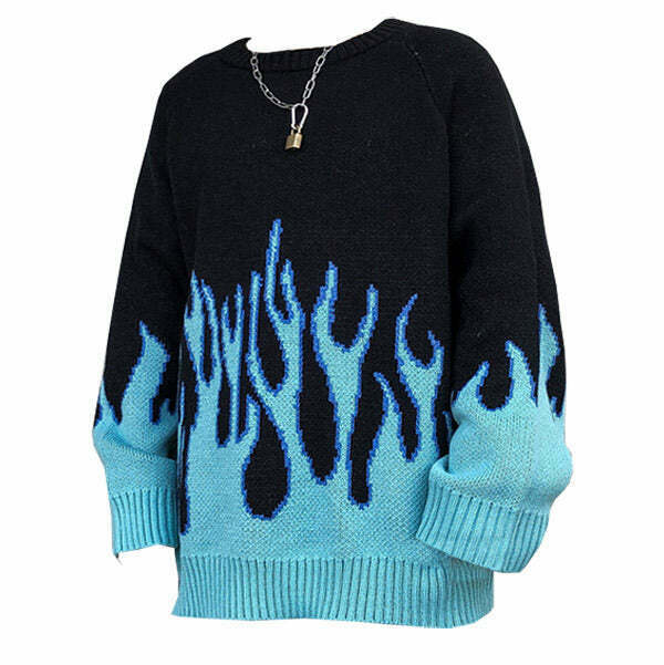 Vintage Blue Flame Knitted Sweater - Y2K Style 2024 Gothic Fashion for Trendy Outfits