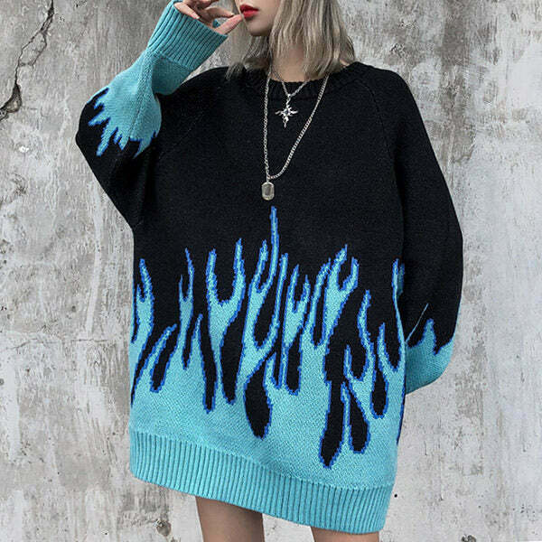 Vintage Blue Flame Knitted Sweater - Y2K Style 2024 Gothic Fashion for Trendy Outfits