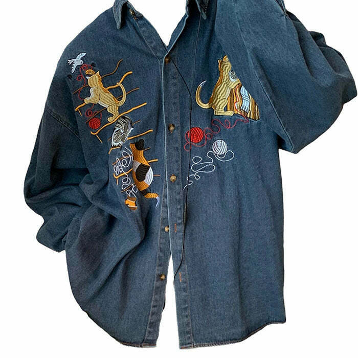 Vintage Cat Embroidery Denim Shirt - Y2K Fashion Revival for Trendy Couples & Retro Style