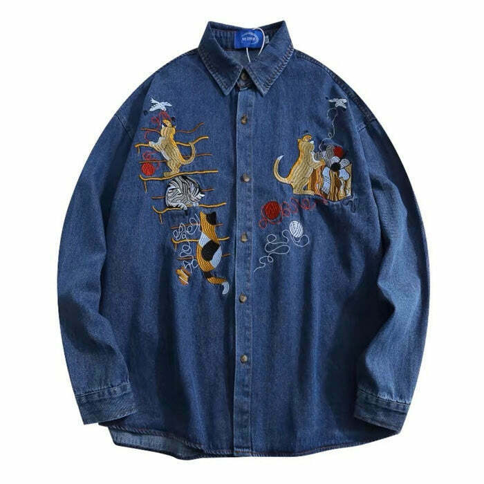 Vintage Cat Embroidery Denim Shirt - Y2K Fashion Revival for Trendy Couples & Retro Style