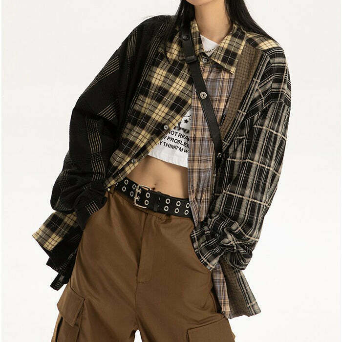 Vintage Plaid Oversized Shirt for Y2K Fashion - Trendy Grunge Style for Men
