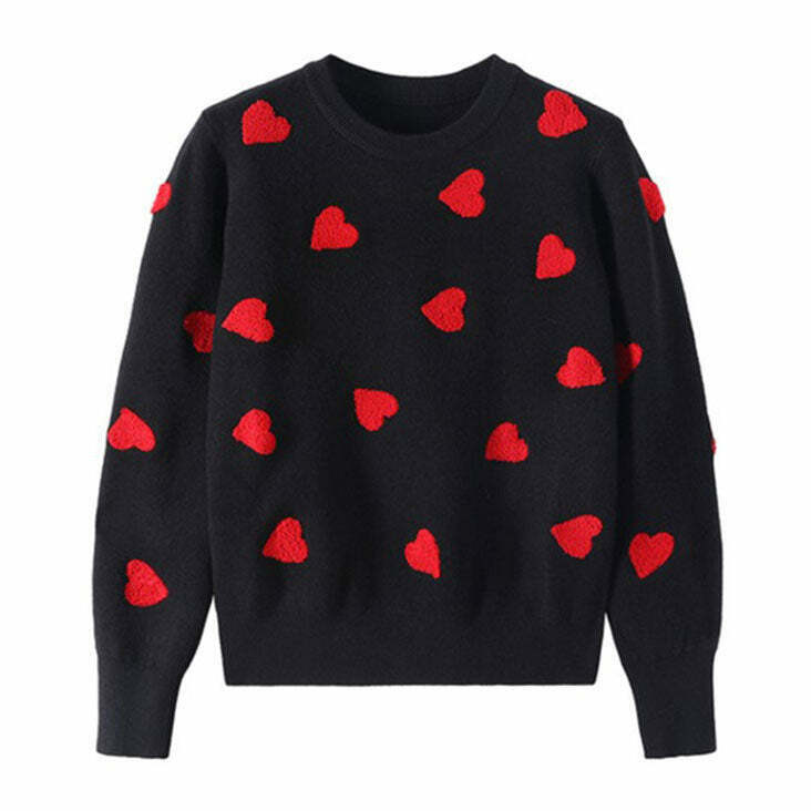 Vintage Red Hearts Sweater - Y2K Baggy Outfits & Korean Style for Trendy Looks