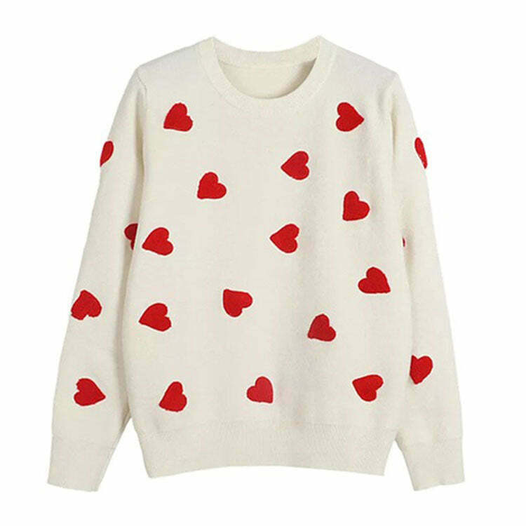 Vintage Red Hearts Sweater - Y2K Baggy Outfits & Korean Style for Trendy Looks