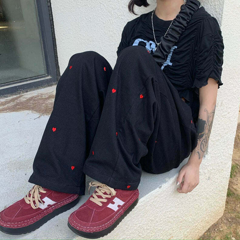 Vintage Red Hearts Y2K Pants - Retro Grunge Style for Trendy Girls' Outfits