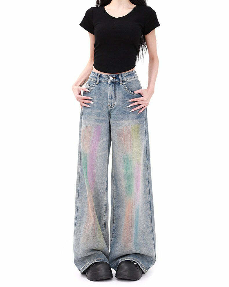 Vintage Style Brush Strokes Jeans for Y2K Fashion Lovers - Trendy Grunge Vintage Denim