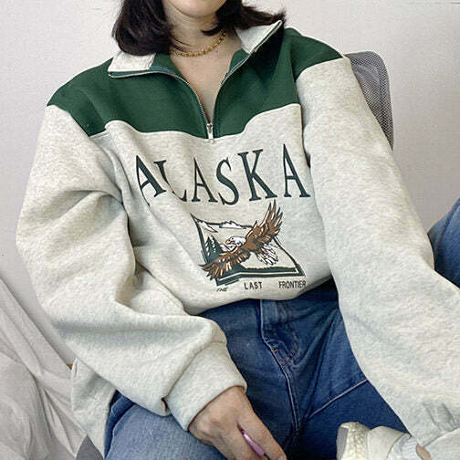 Vintage Y2K Alaska Zip Up Sweatshirt - Retro Style Graphics for Trendy Fall Outfits