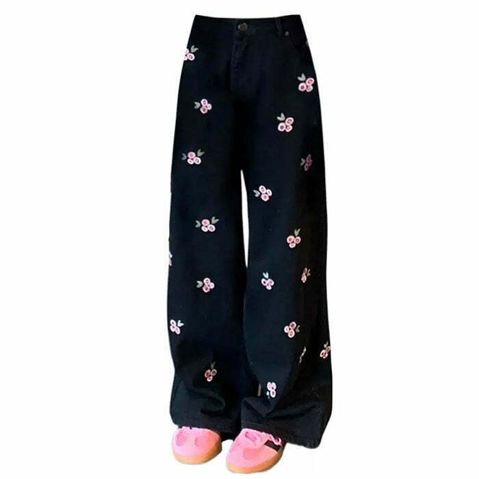 Vintage Y2K Pink Rose Embroidery Wide Leg Pants - Trendy Bratz Style for Y2K Fashion