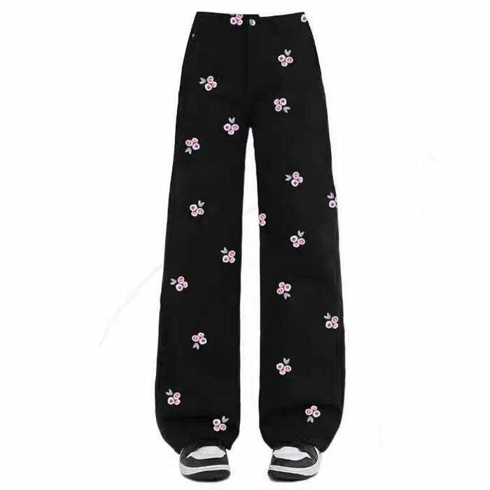 Vintage Y2K Pink Rose Embroidery Wide Leg Pants - Trendy Bratz Style for Y2K Fashion