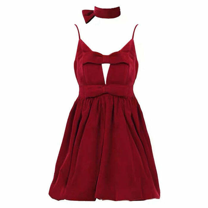 Vintage Y2K Red Velvet Halter Dress - Trendy 2000s Fashion for Stylish Outfits