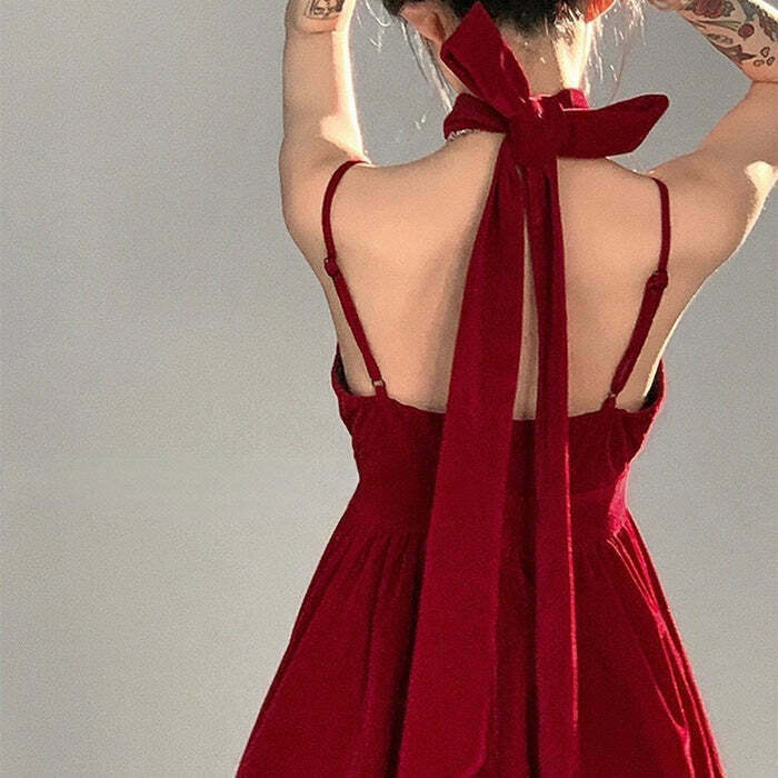 Vintage Y2K Red Velvet Halter Dress - Trendy 2000s Fashion for Stylish Outfits