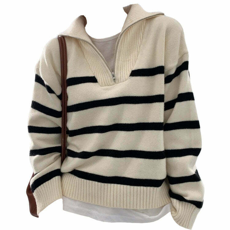 Vintage Y2K Striped Zip-Up Sweater - Old Money Grunge Style for Trendy Outfits