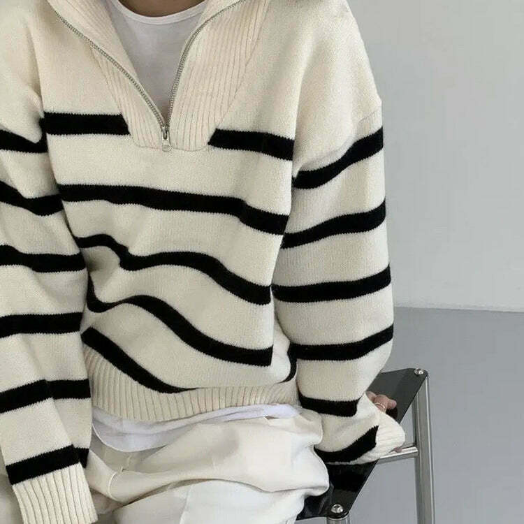 Vintage Y2K Striped Zip-Up Sweater - Old Money Grunge Style for Trendy Outfits