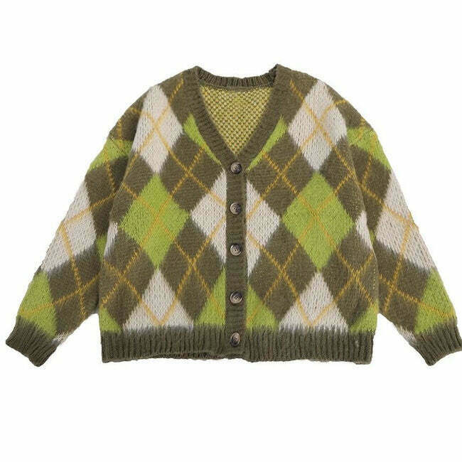 Warm Vibes Green Argyle Cardigan Sweater - Retro Y2K Style for Sporty Fashion Lovers