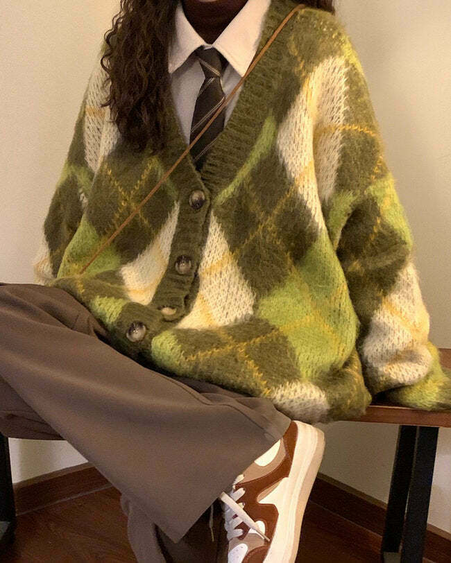 Warm Vibes Green Argyle Cardigan Sweater - Retro Y2K Style for Sporty Fashion Lovers