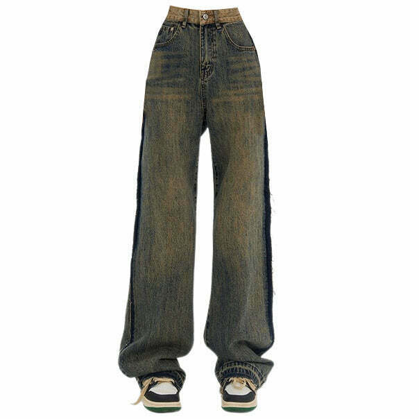 Washed Brown Jeans with Contrast Pocket for Trendy Y2K Style and Fashionable Outfits