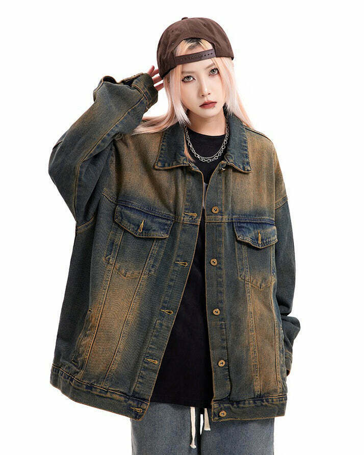 Washed Brown Loose Denim Jacket for Y2K Punk Style and Modern Kawaii Outfits