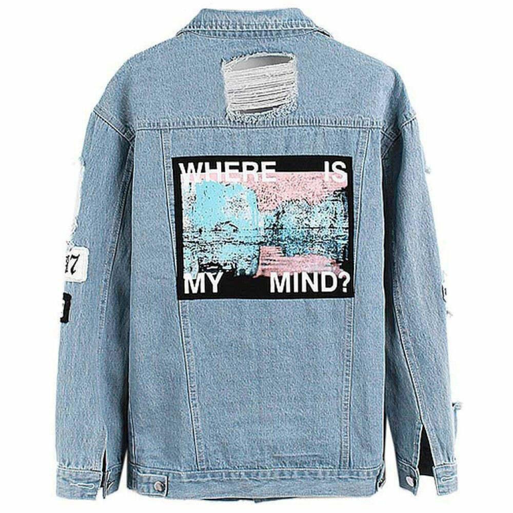 Where Is My Mind? Embroidered Sheepskin Denim Jacket for Trendy Y2K Fashion Lovers