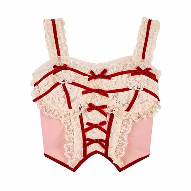 White & Red Coquette Lace Corset Top - Y2K Style Dark Fashion for Trendy Outfits