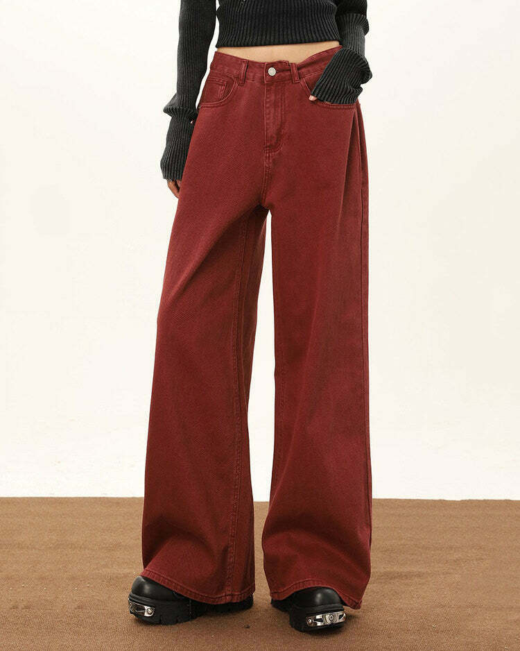 Wine Red Wide-Leg Jeans for Y2K Style: Trendy 2000s Fashion & Grunge Outfits