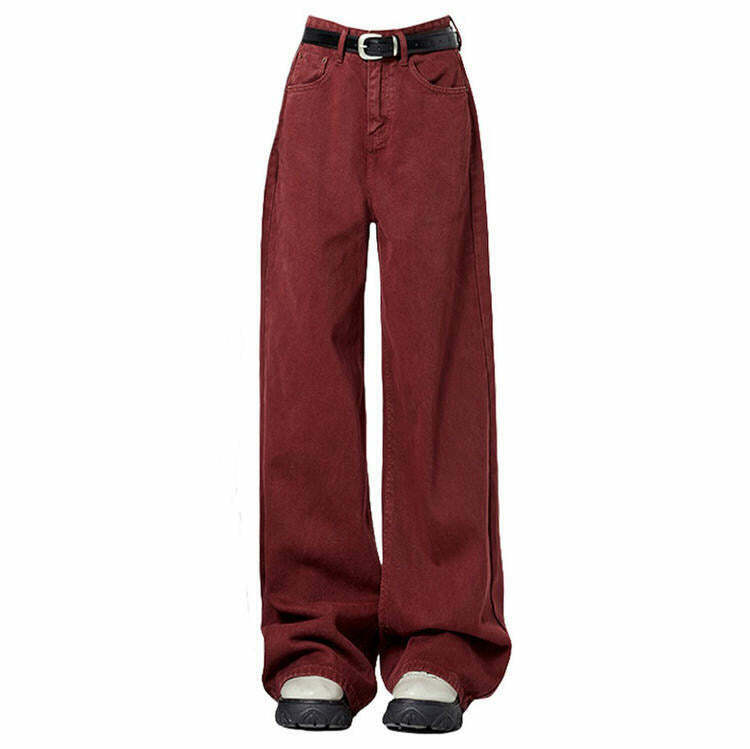 Wine Red Wide-Leg Jeans for Y2K Style: Trendy 2000s Fashion & Grunge Outfits