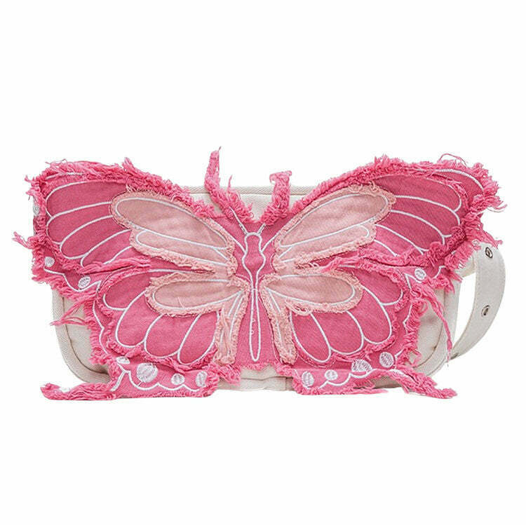 Y2K Aesthetic Butterfly Denim Handbag - Trendy Pink Y2K Fashion Accessory for Retro Outfits