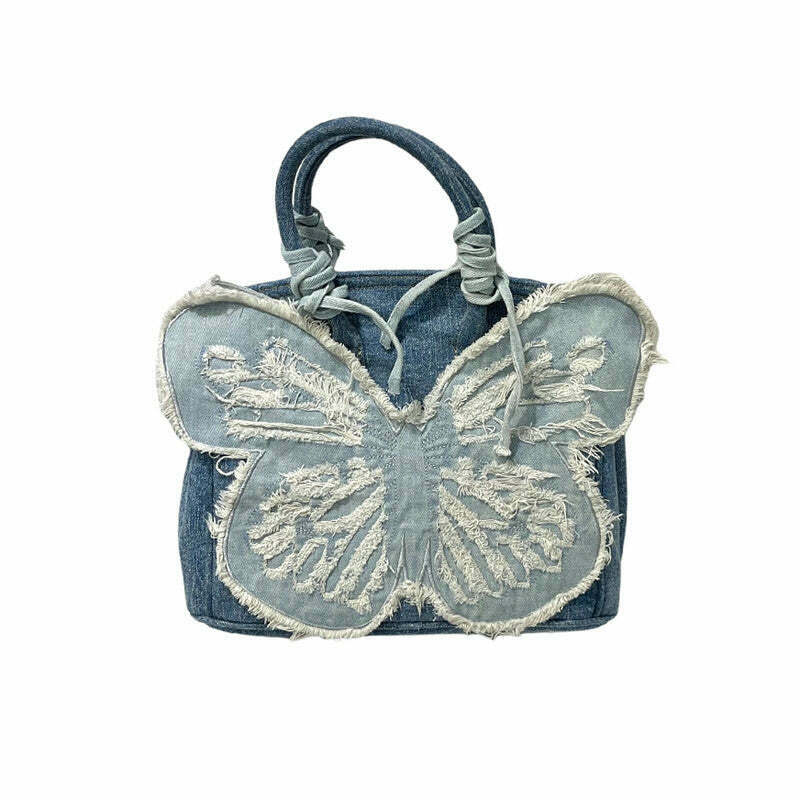 Y2K Aesthetic Denim Butterfly Handbag - Trendy Y2K Fashion Accessory for Stylish Outfits