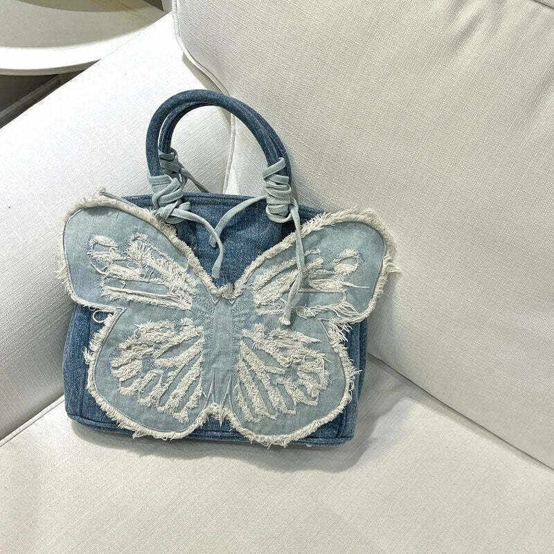 Y2K Aesthetic Denim Butterfly Handbag - Trendy Y2K Fashion Accessory for Stylish Outfits