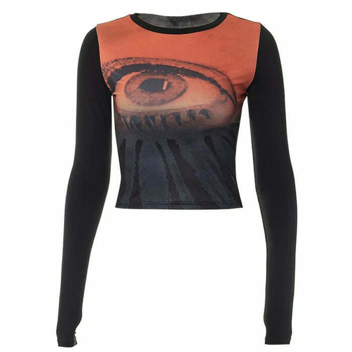 Y2K Aesthetic Eye Print Mesh Top - Trendy Cyber Street Style for Unique Fashion Vibes