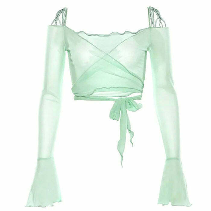 Y2K Aesthetic Flare Sleeves Mesh Top - Trendy Flare Top for Gen Z and Emo Fashion