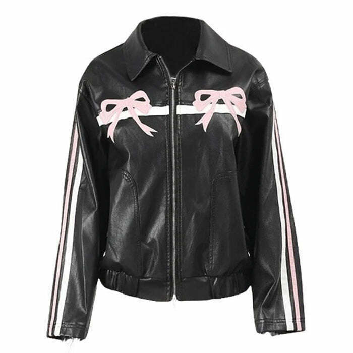 Y2K Bow Motorcycle Jacket - Retro Aesthetic Grunge Style for Trendy Fashion Enthusiasts