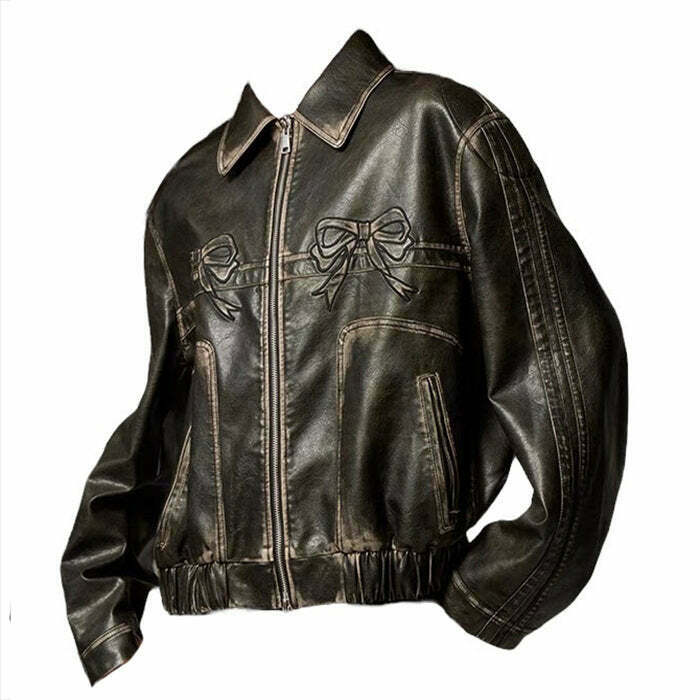 Y2K Bow Motorcycle Jacket - Retro Aesthetic Grunge Style for Trendy Fashion Enthusiasts