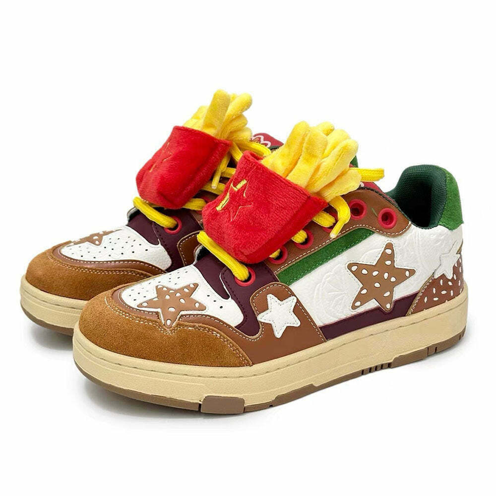 Y2K Burger & Star Sneakers - Retro 90s Style Footwear for Trendy Women’s Outfits