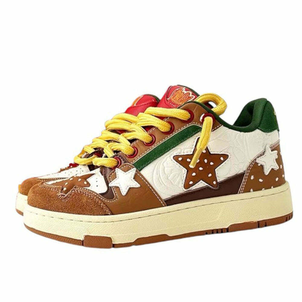 Y2K Burger & Star Sneakers - Retro 90s Style Footwear for Trendy Women’s Outfits