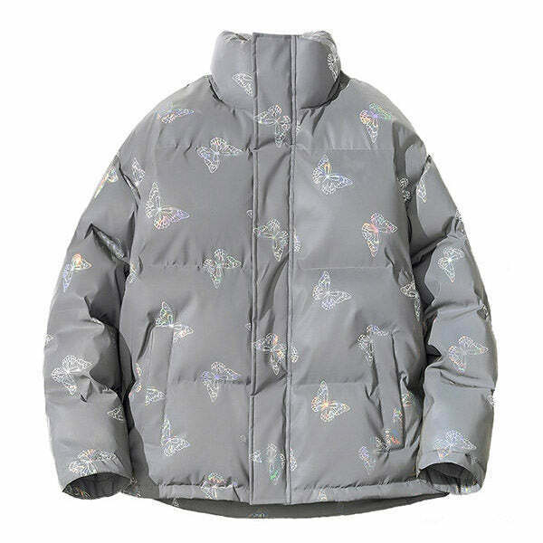 Y2K Butterfly Reflective Puffer Jacket - Trendy Grunge Streetwear for Gen Z Fashion