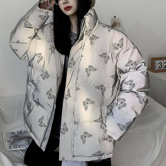 Y2K Butterfly Reflective Puffer Jacket - Trendy Grunge Streetwear for Gen Z Fashion