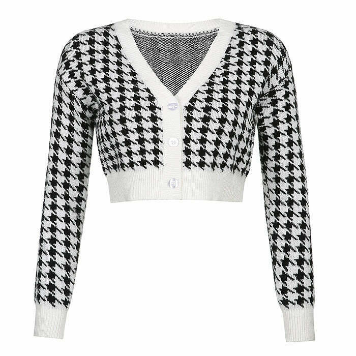 Y2K Dogtooth Check Crop Cardigan - Retro Grunge Style for Women’s Alt Fashion