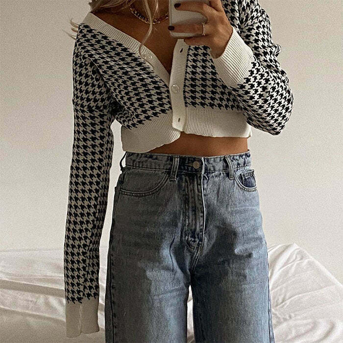 Y2K Dogtooth Check Crop Cardigan - Retro Grunge Style for Women’s Alt Fashion