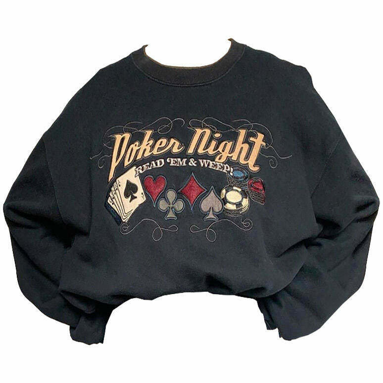 Y2K Graphic Poker Night Embroidered Sweatshirt - Trendy Y2K Fashion for Poker Lovers