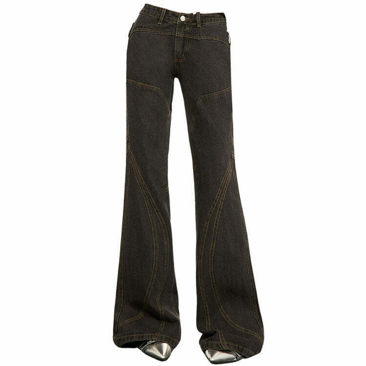 Y2K Grunge Brown Flare Jeans - Trendy Zip-Up for Summer Outfits & Fashion Era Style