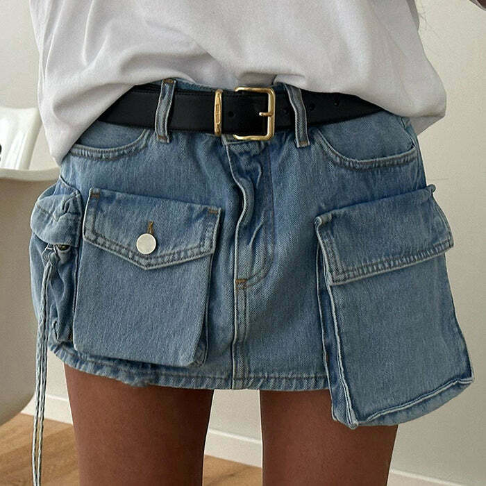 Y2K Grunge Denim Cargo Mini Skirt - Cute A-Line Style for Trendy Street Fashion