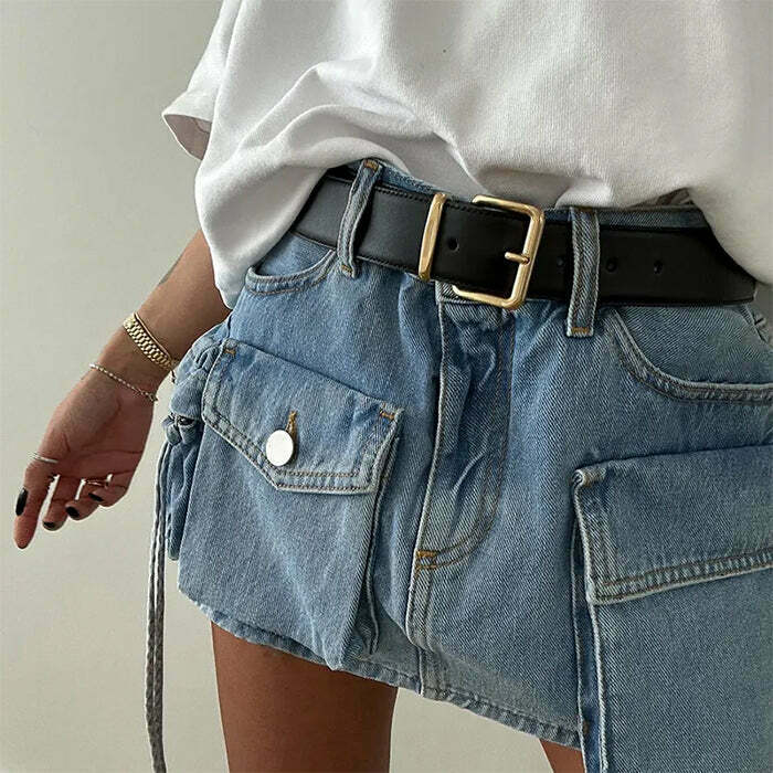 Y2K Grunge Denim Cargo Mini Skirt - Cute A-Line Style for Trendy Street Fashion