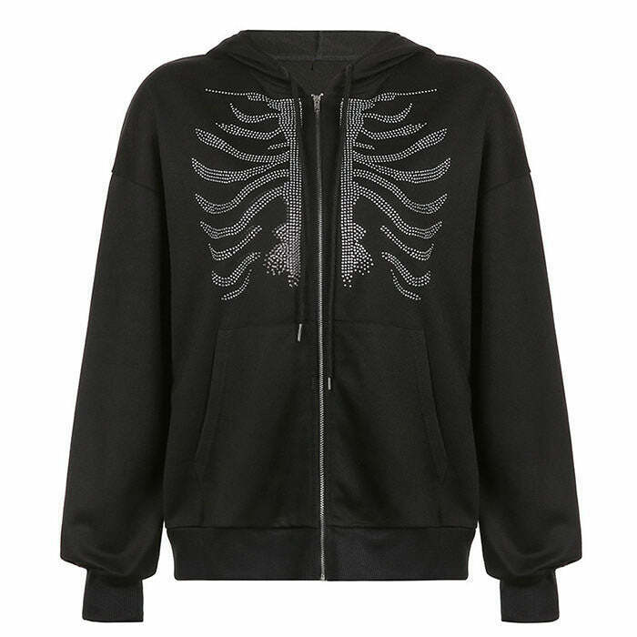 Y2K Grunge Rhinestone Skeleton Hoodie - Retro Spider Design for Vintage Fashion Lovers