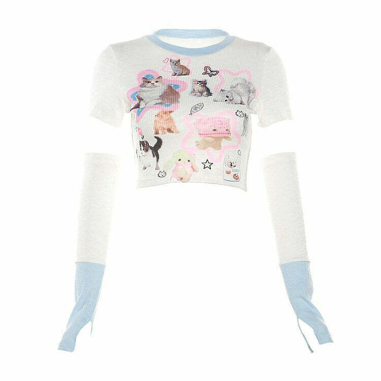 Y2K Kitten Co-Ord Set with Gloves - Trendy Cyber Style for Girls in 2000s Fashion