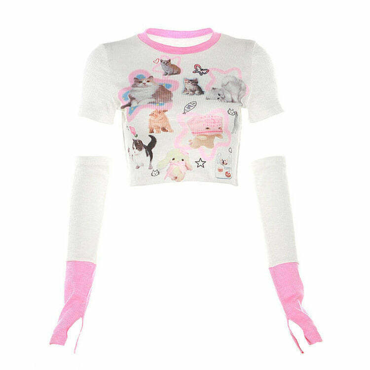 Y2K Kitten Co-Ord Set with Gloves - Trendy Cyber Style for Girls in 2000s Fashion