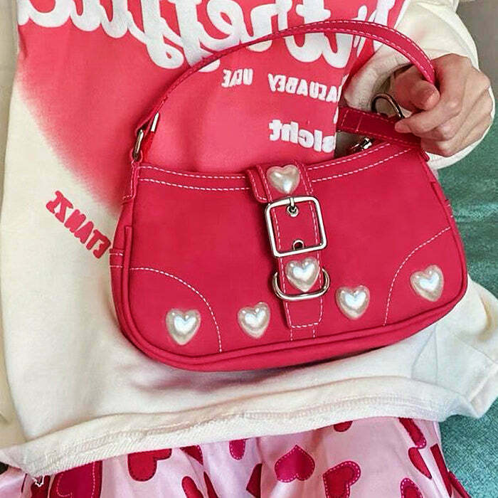 Y2K Pearl Heart Bag - Trendy Grunge Style Accessory for Fashion-Forward Looks