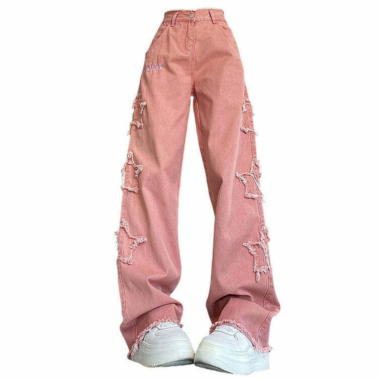 Y2K Pink Star Low Rise Jeans for Men - Trendy Y2K Style Denim for a Retro Look