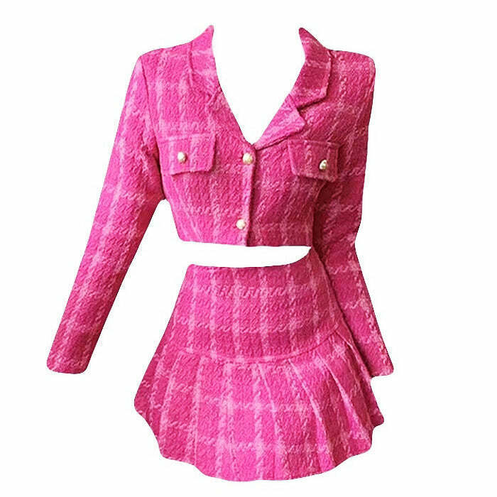 Y2K Pink Tweed Jacket & Skirt Co-Ord Set for Trendy Grunge Summer Outfits