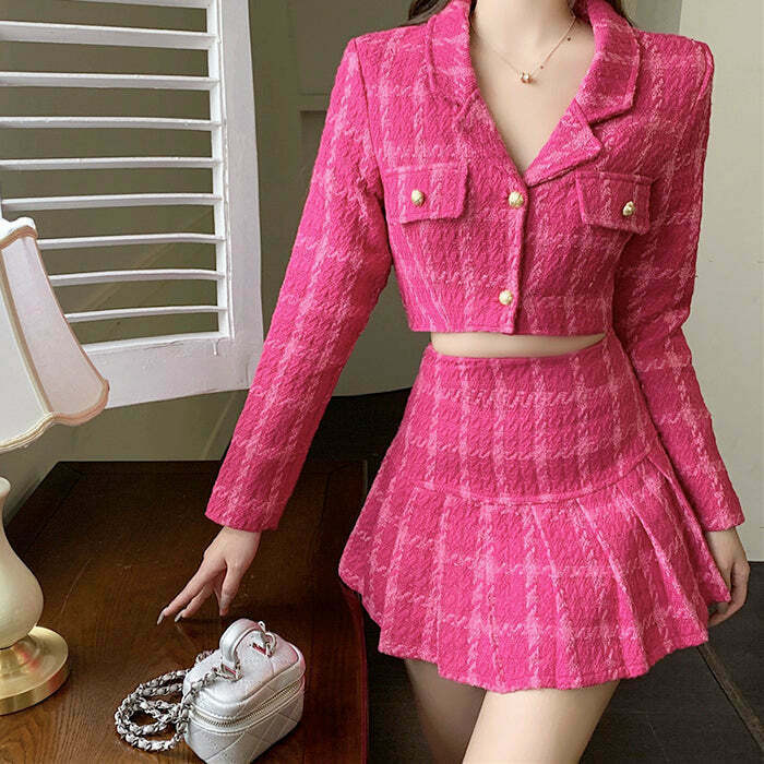 Y2K Pink Tweed Jacket & Skirt Co-Ord Set for Trendy Grunge Summer Outfits